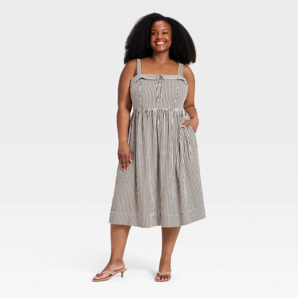 Striped Midi Sundress with Pockets - Black/White